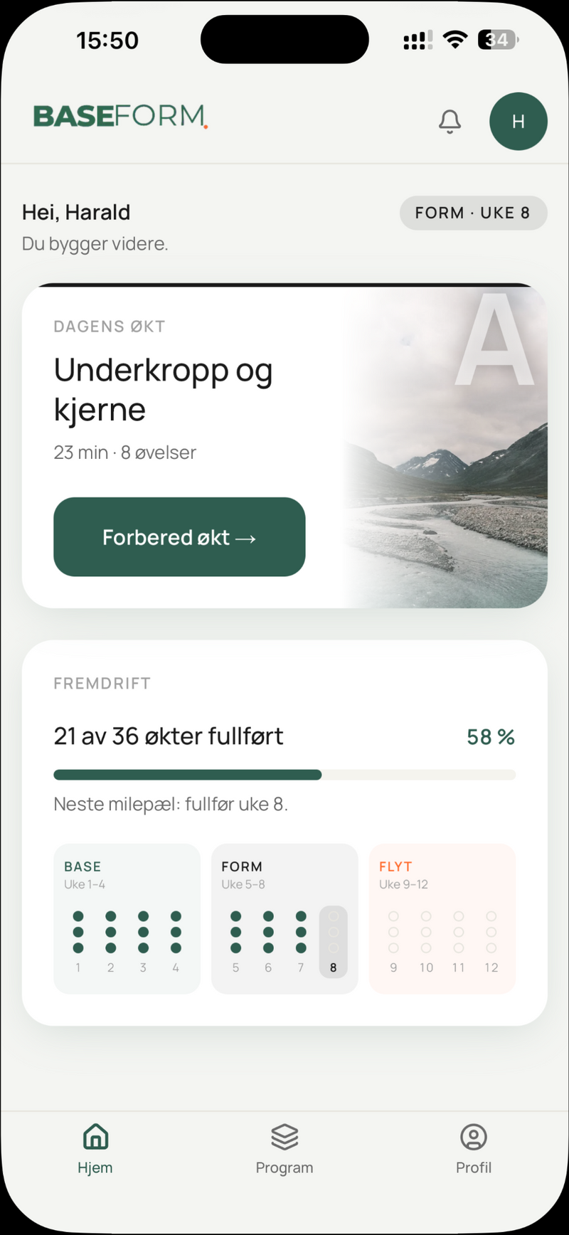 Baseform-appen viser dagens økt, uke 8 og fremdrift i Baseform 12