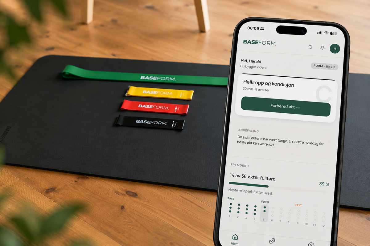 Treningssett for hjemmetrening med matte, strikker og Baseform-app