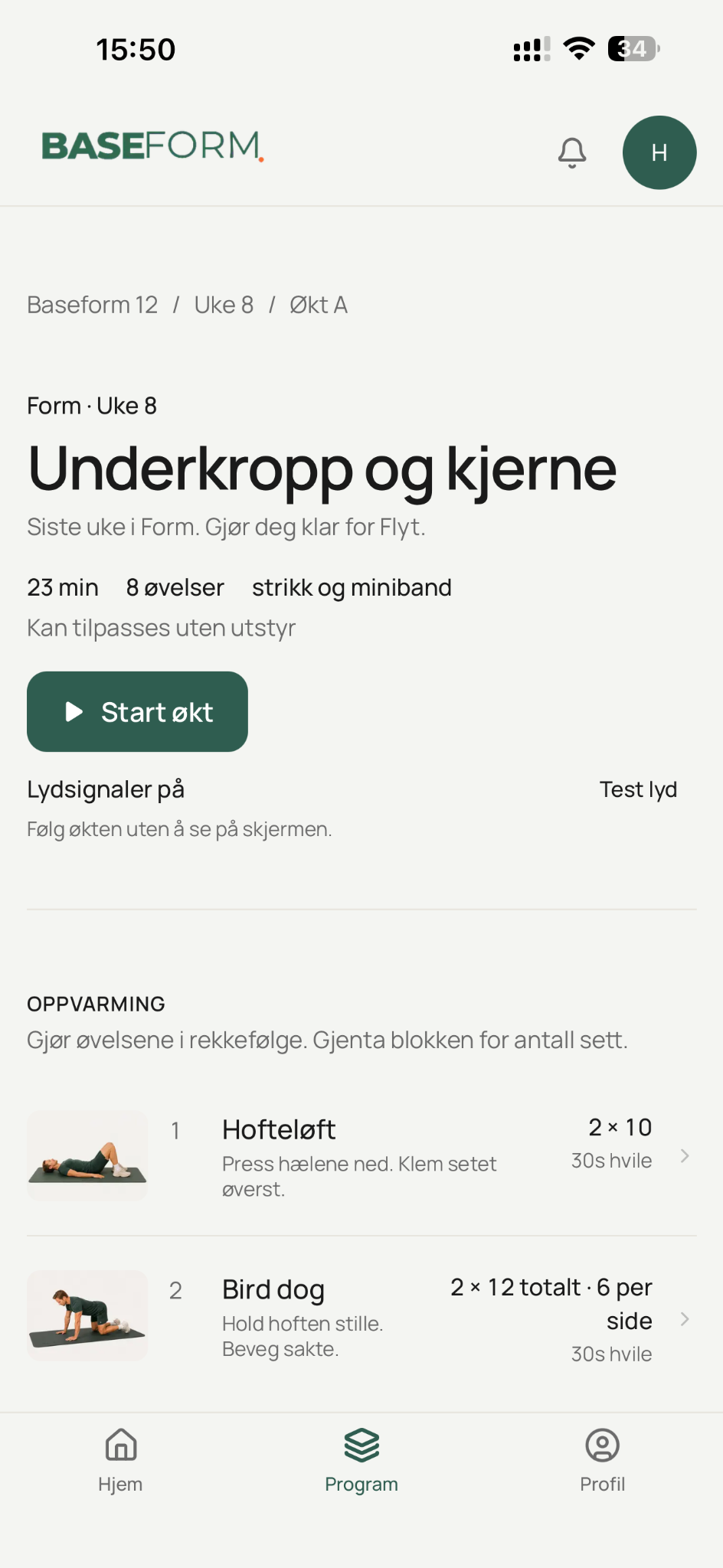 Forbered økt i Baseform-appen viser Underkropp og kjerne i uke 8: 23 minutter, 8 øvelser og lydsignaler