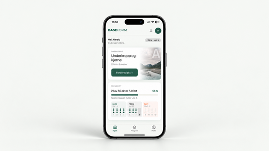 Baseform-appen vist på mobil med dagens økt, fremdrift og fasene Base, Form og Flyt